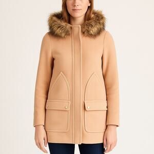 J. Crew Vail Faux Fur Tan Wool Blend Parka Overcoat Coat